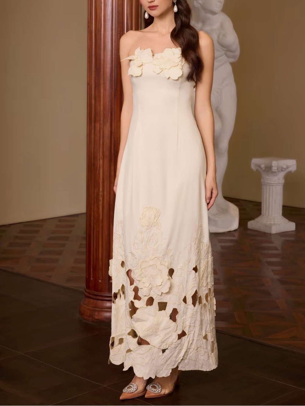 JARDINVUE Strapless Off Shoulder Floral Appliqué Cream Midi Dress